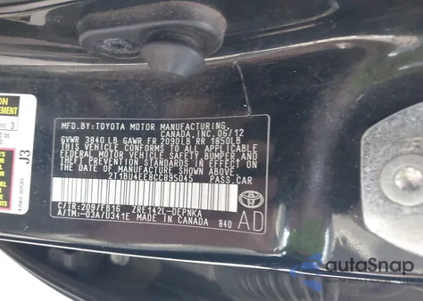 2012 Toyota Corolla Le z USA, uszkodzony, nr VIN 2T1BU4EE8CC895045